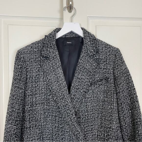 Theory Piazza Noelle Black Tweed Fringe Trim Blazer - Picture 3 of 14